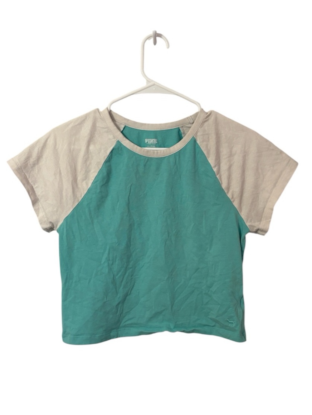PINK Cropped Turquoise & White Graphic Logo Tee